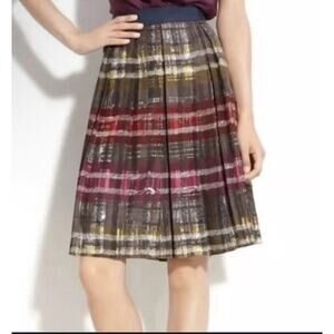 Trina Turk Silk A-Line Box Pleat Knee Length Silk Skirt Watercolor Plaid 4 NEW